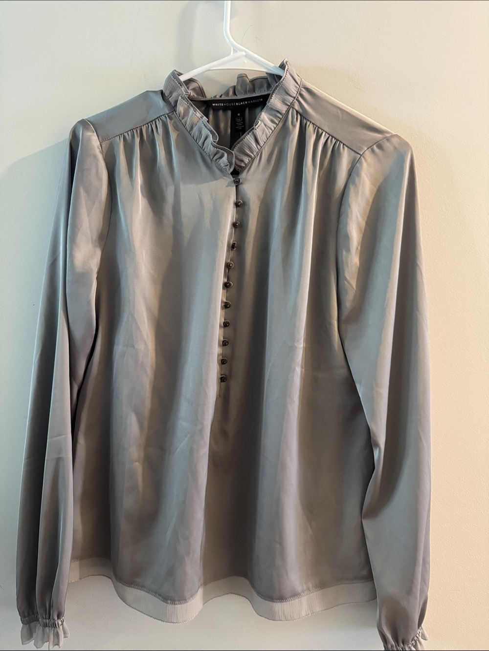 White House Black Market Silver Satin Ruffle-Neck Button Blouse
